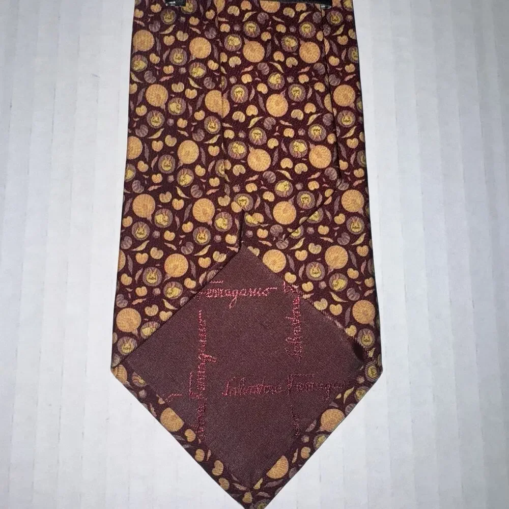 Salvatore Ferragamo Tie Mens Silk Burgundy Gold Novelty Faces Pumpkins Fall